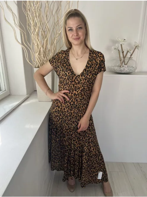 ZARA (XS) Barna Fekete Foltmintás Hátul Cipzáros, Szoknyarészén Ráncolt Ruha