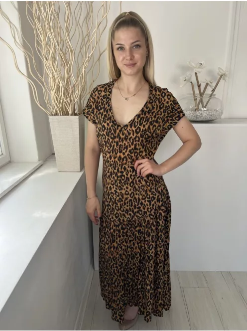 ZARA (XS) Barna Fekete Foltmintás Hátul Cipzáros, Szoknyarészén Ráncolt Ruha