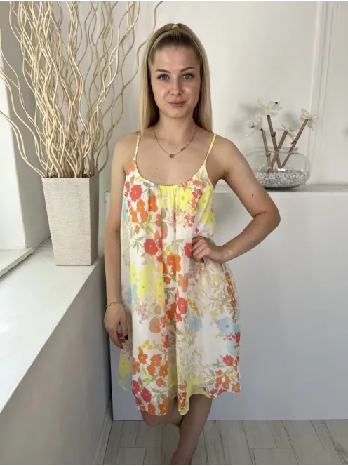 F&F (M) Fehér Színes Virágos, Bélelt Pántos Ruha