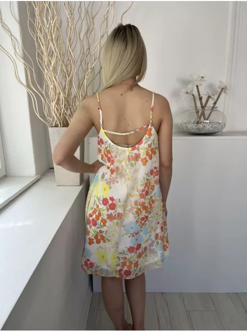 F&F (M) Fehér Színes Virágos, Bélelt Pántos Ruha