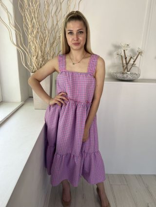   Next (S) Lila Pink Apró Kockás, Fodros Darázsolt Pántú Ruha