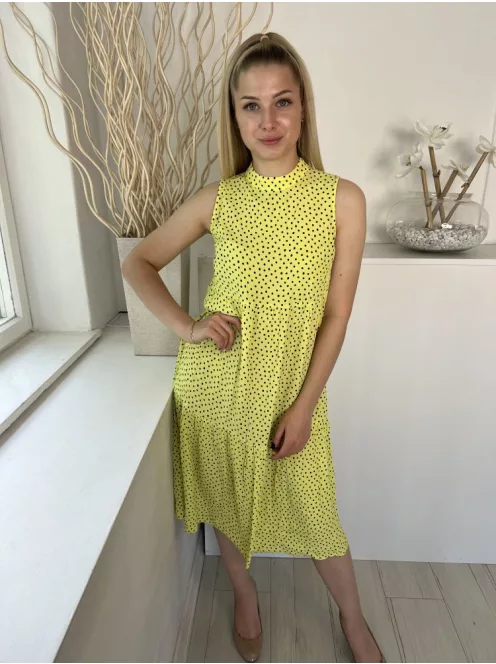 Mango (XS) Sárga Fekete Foltmintás, Hátul Cipzros Fodros Aljú Ruha