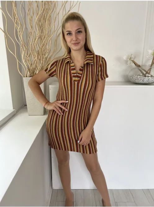 Urban (S) Bézs-Barna-Sárga Anyagában Csíkos V Kivágású, Kötött Ruha