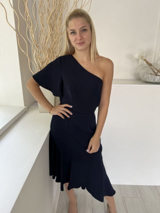   Warehouse (M) Mélykék Oldalt Cipzáros, Félvállas Derékban Szabott, Fodros Aljú Ruha