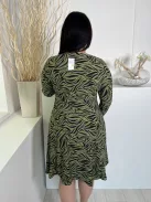 ÚJ Primark (M) Khaki Fekete Zebra Csíkos, Kellemes Anyagú Fodros Aljú, Kerek Nyakú Ruha