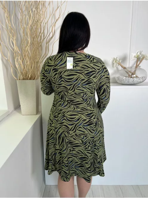 ÚJ Primark (M) Khaki Fekete Zebra Csíkos, Kellemes Anyagú Fodros Aljú, Kerek Nyakú Ruha