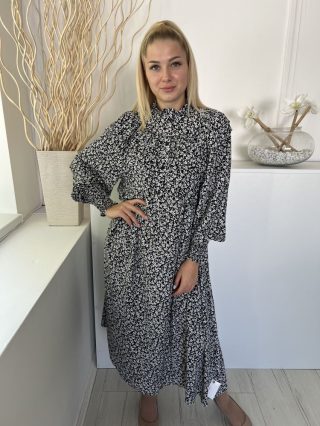   TopShop (M) Fekete Fehér Apró Virágmintás Mellnél Gombos, Ujjvége Gumírozott Ruha