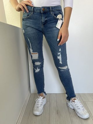   Denim Co (S) Kék Farmer, Szaggatott, Csípőnadrág Cipzáros, Gombos, Zsebes Nadrág