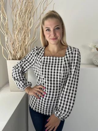   Gallery (S) Fekete Fehér Jersey Anyagú Kockás, Szögletes Kivágású Felső