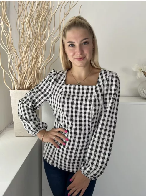 Gallery (S) Fekete Fehér Jersey Anyagú Kockás, Szögletes Kivágású Felső