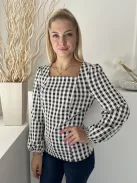 Gallery (S) Fekete Fehér Jersey Anyagú Kockás, Szögletes Kivágású Felső