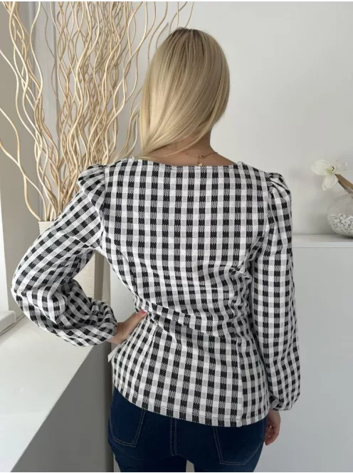 Gallery (S) Fekete Fehér Jersey Anyagú Kockás, Szögletes Kivágású Felső
