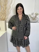 Primark (L) Fekete Fehér Kockás, Fodros, Bélelt Galléros, Elöl Nyakban Megkötős Ruha