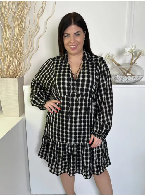 Primark (L) Fekete Fehér Kockás, Fodros, Bélelt Galléros, Elöl Nyakban Megkötős Ruha