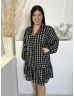   Primark (L) Fekete Fehér Kockás, Fodros, Bélelt Galléros, Elöl Nyakban Megkötős Ruha