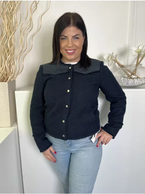 Vero Moda (L) Sötétkék Elől Patentos, Felül Műbőrbetétes Anyagában Mintás, Vastag Vászon Anyagú Kabát