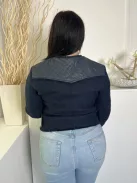 Vero Moda (L) Sötétkék Elől Patentos, Felül Műbőrbetétes Anyagában Mintás, Vastag Vászon Anyagú Kabát