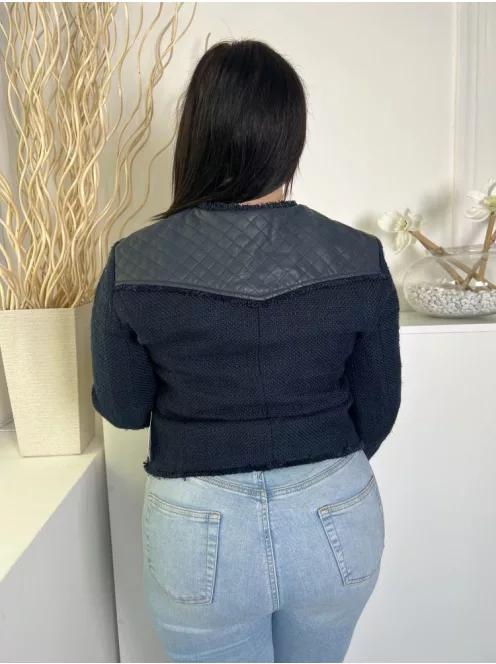 Vero Moda (L) Sötétkék Elől Patentos, Felül Műbőrbetétes Anyagában Mintás, Vastag Vászon Anyagú Kabát