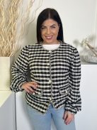 ÚJ River Island (L) Fekete-Fehér Kockás, Elől Gombos Díszzsebes, Gumis Ujjvégű Kabát