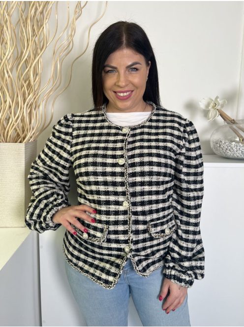 ÚJ River Island (L) Fekete-Fehér Kockás, Elől Gombos Díszzsebes, Gumis Ujjvégű Kabát