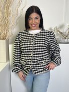 ÚJ River Island (L) Fekete-Fehér Kockás, Elől Gombos Díszzsebes, Gumis Ujjvégű Kabát