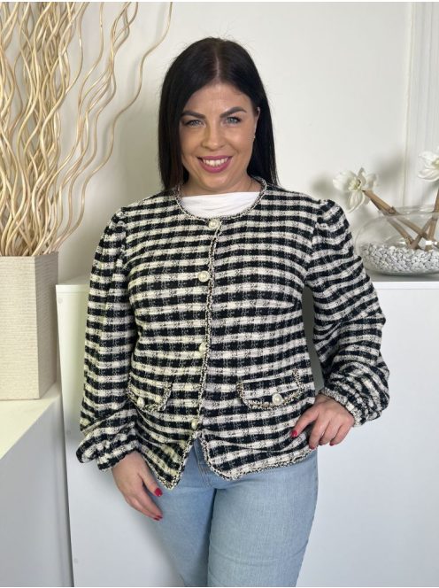 ÚJ River Island (L) Fekete-Fehér Kockás, Elől Gombos Díszzsebes, Gumis Ujjvégű Kabát