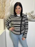 M&Co (L) Fekete-Fehér Cipzáros, Csillogó Szálas Szatén Bélésű, Díszzsebes Kabát