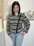 M&Co (L) Fekete-Fehér Cipzáros, Csillogó Szálas Szatén Bélésű, Díszzsebes Kabát