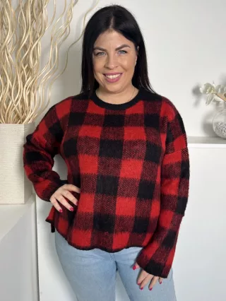   Primark (M) Piros-Fekete Kockás, Oldalt Sliccelt Kerek Nyakú, Kötött Felső