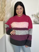 ÚJ Next (M) Pink-Szürke-Lila Csíkos, Kerek Nyakú Anyagában Szőrös Felső