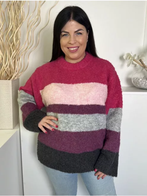 ÚJ Next (M) Pink-Szürke-Lila Csíkos, Kerek Nyakú Anyagában Szőrös Felső