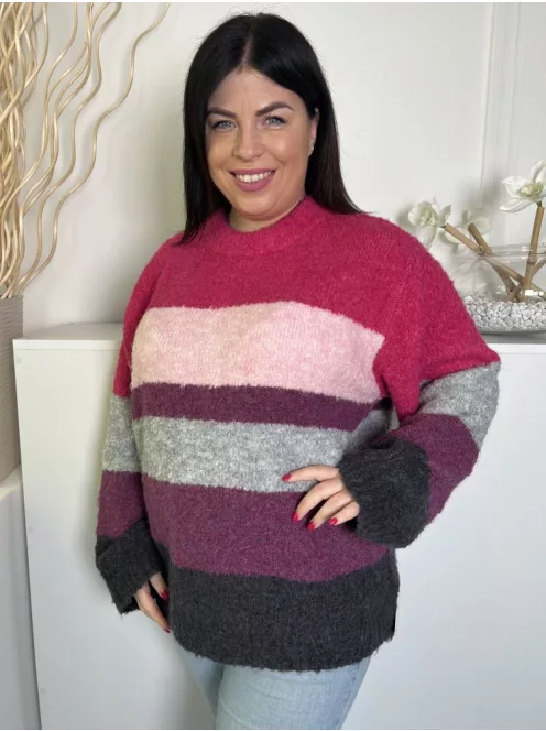 ÚJ Next (M) Pink-Szürke-Lila Csíkos, Kerek Nyakú Anyagában Szőrös Felső