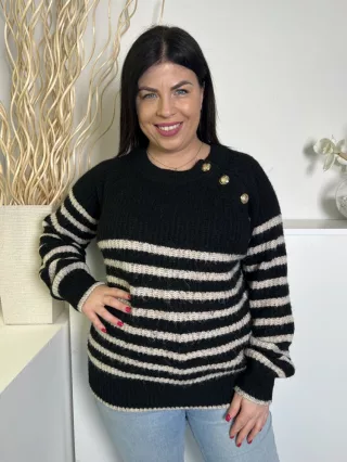   Dunnes (M) Fekete Fehér Csíkos, Vállán Gombos Vastag Kötött Felső