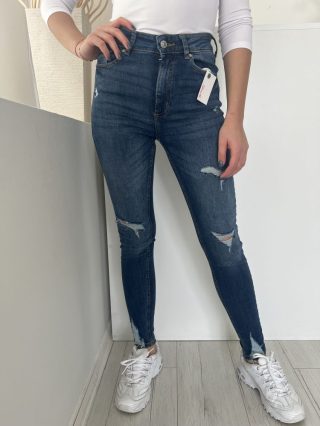   Denim Co (S) Kék Elől Gombos, Zsebes Szaggatott, Farmer Nadrág