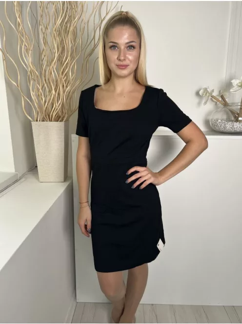 Benetton (M) Fekete Hátul Cipzáros, Mellbevarráso Kocka Kivágású Ruha