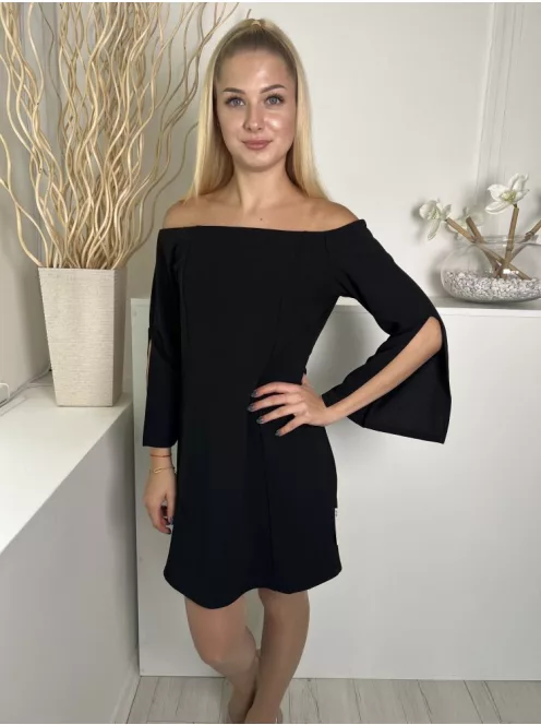 By Very (M) Fekete Ejtett Gumis Vállú Ujján Nyitott, Elől Díszvarrásos Ruha