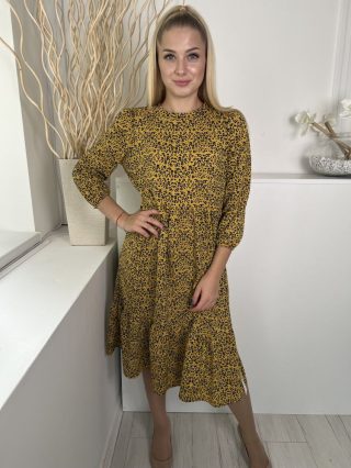   Dunnes (M) Okkersárga Fekete Foltmintás, Fodros Aljú Kerek Nyakú, Gumis Ujjvégű Ruha