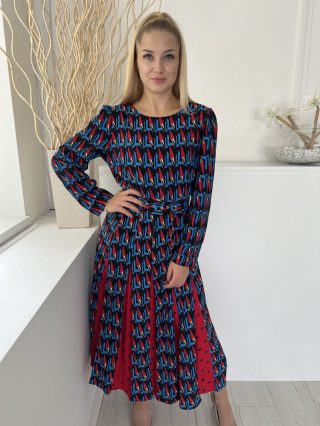   Savida (M) Fekete Piros-Kék Mintás, Öves Hátul Nyakban Gombos, Oldalt Cipzáros Ruha