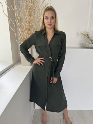   H&M (S) Khaki Elől Rejtett Gombos, Öves Mellnél Zsebes, Galléros Ruha