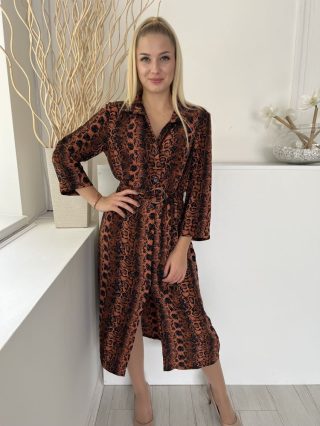   Primark (M) Barna Fekete Kígyóbőrmintás, Elől Végig Gombos Derékban Öves, Galléros Ruha