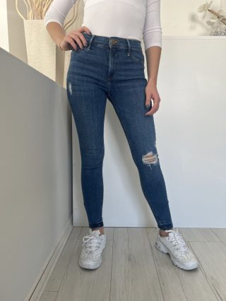   River Island (S) Kék Elől Gombos, Zsebes Szaggatott, Farmer Nadrág