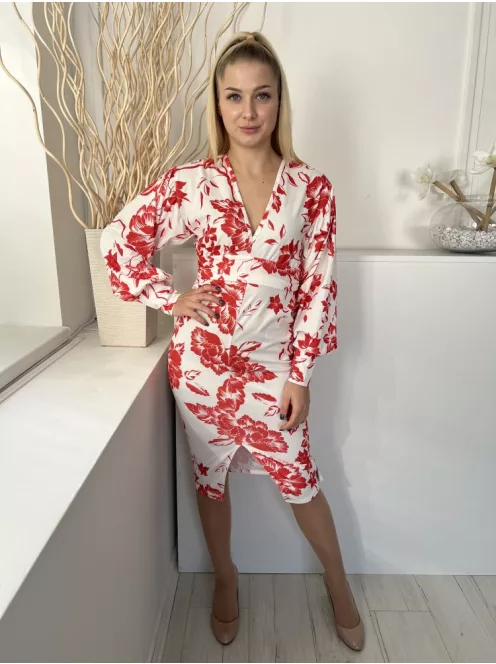 Boohoo (M) Fehér Piros Virágos, Mellnél Átlapolt Hátul Derékban Megkötős, Sliccelt Ruha