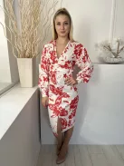 Boohoo (M) Fehér Piros Virágos, Mellnél Átlapolt Hátul Derékban Megkötős, Sliccelt Ruha