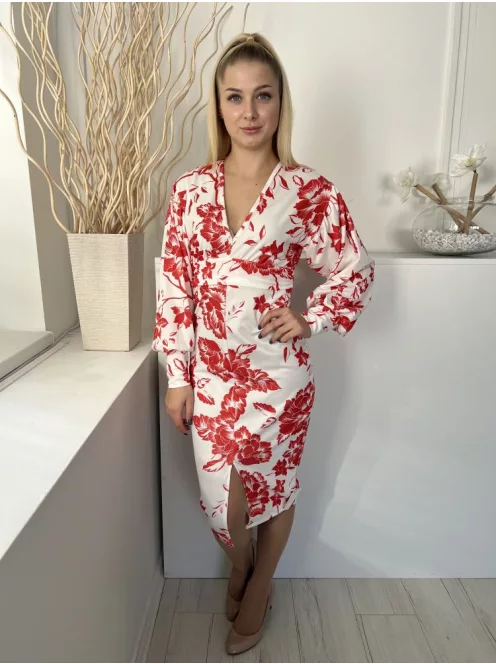 Boohoo (M) Fehér Piros Virágos, Mellnél Átlapolt Hátul Derékban Megkötős, Sliccelt Ruha