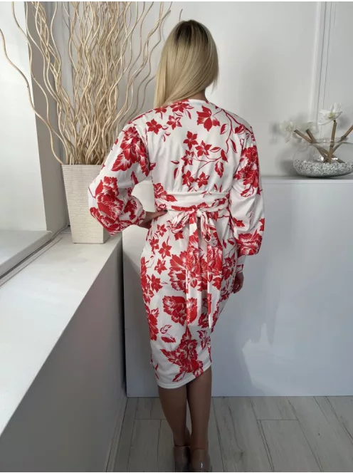 Boohoo (M) Fehér Piros Virágos, Mellnél Átlapolt Hátul Derékban Megkötős, Sliccelt Ruha