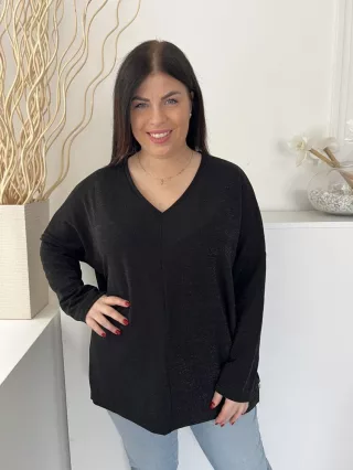   Love (M) Fekete Anyagában Csillogós, V Kivágású Bőfazonú Felső