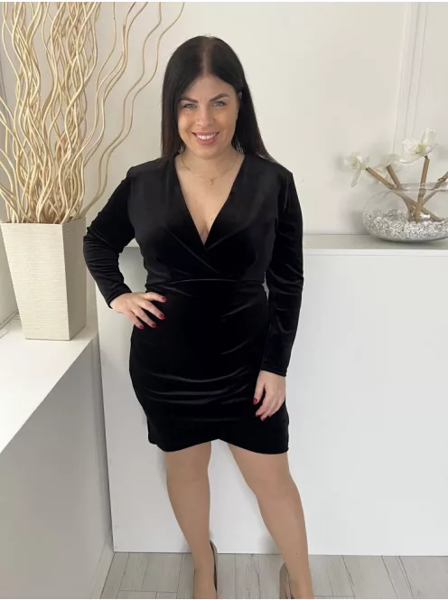 New Look (L) Fekete Mellnél Átlapolt, Válltöméses Hátul Cipzáros, Oldalt Ráncolt, Tükörbársony Ruha