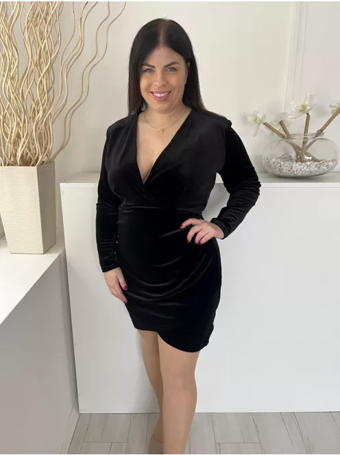 New Look (L) Fekete Mellnél Átlapolt, Válltöméses Hátul Cipzáros, Oldalt Ráncolt, Tükörbársony Ruha