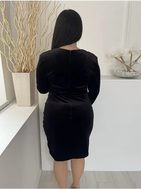 New Look (L) Fekete Mellnél Átlapolt, Válltöméses Hátul Cipzáros, Oldalt Ráncolt, Tükörbársony Ruha