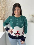 Boohoo (M) Zöldeskék-Fehér Hópehely és Pingvin Mintás Kerek Nyakú, Kötött Pulóver